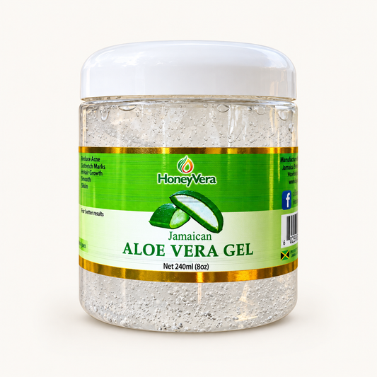 HoneyVera Jamaican Aloe Vera Gel, 240 ml jar on an ivory background