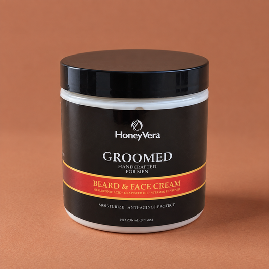 GROOMED Beard & Face Cream on a warm brown background