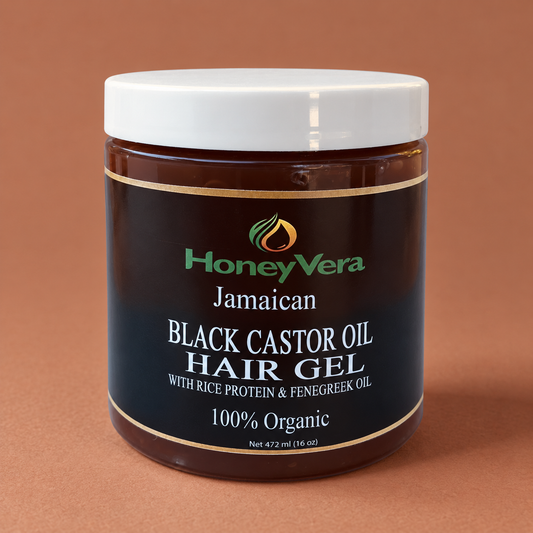 Black Castor Oil Gel on a warm brown studio background
