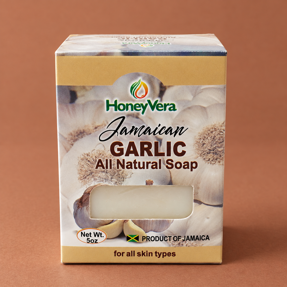 Garlic Soap on a warm brown studio background