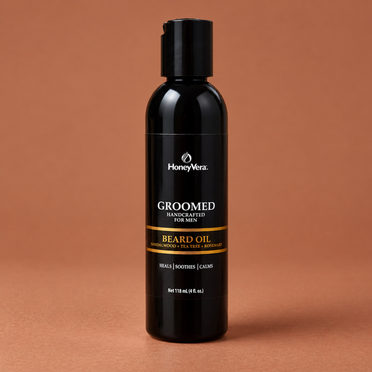 GROOMED Beard Oil on a warm brown background