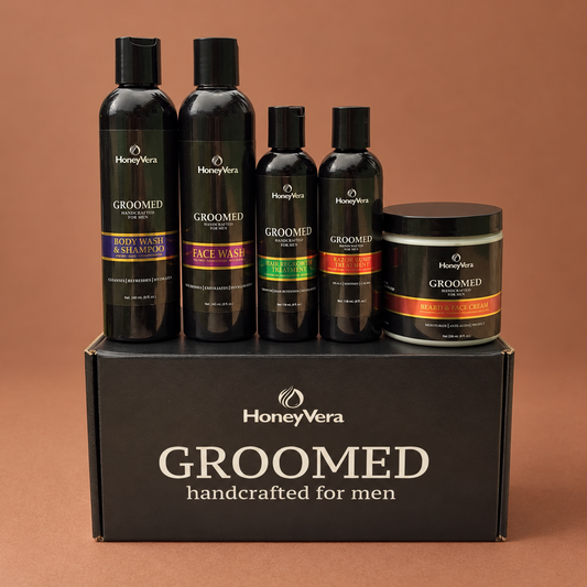 GROOMED HANDCRAFTED MEN'S PACKAGE on a warm brown background