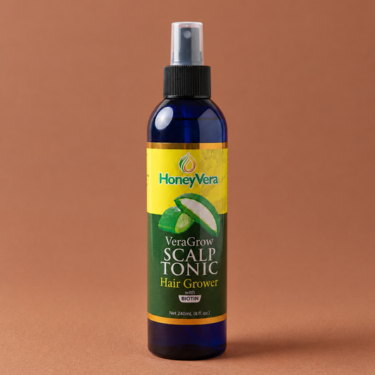 VeraGrow Scalp Tonic on a warm brown background