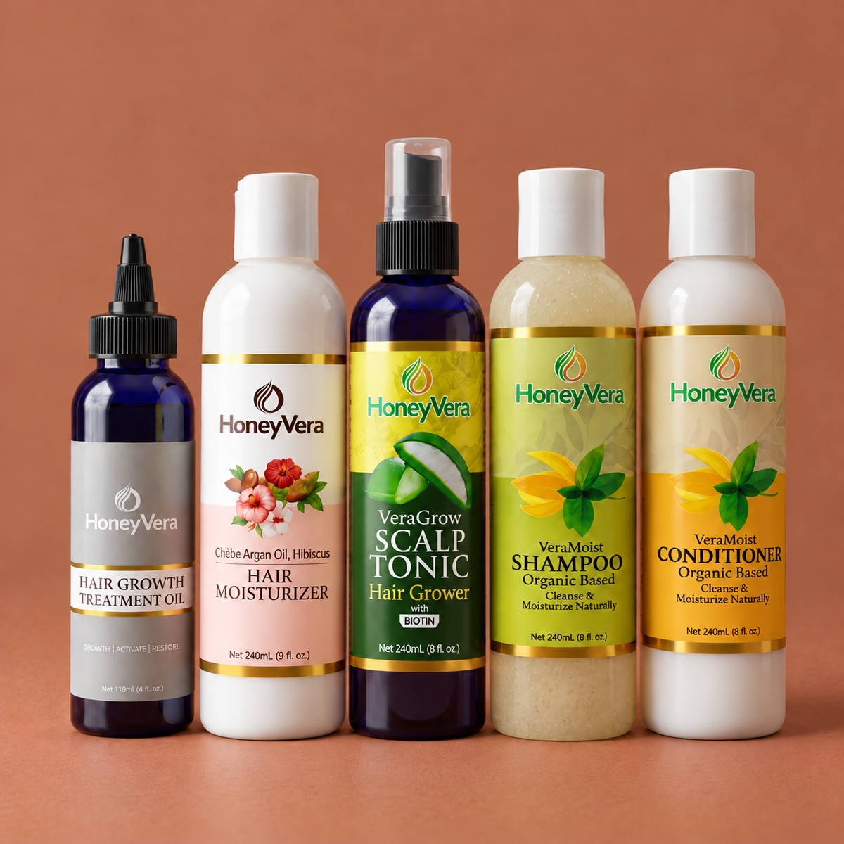 Hair Growth & Moisture Bundle with a slightly taller scalp tonic and aligned bottle bases
