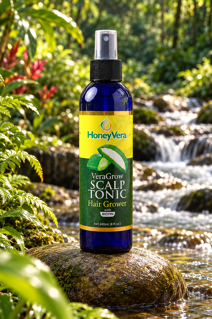 Our VeraGrow scalp tonic beside a flowing river